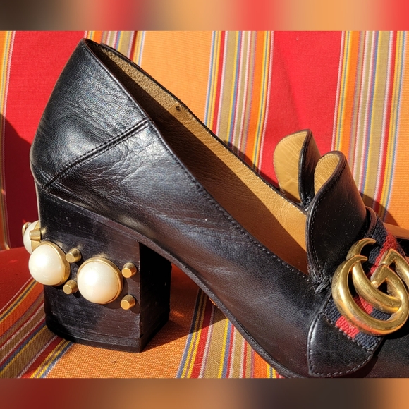 Gucci Black Peyton Loafer Pearl Heel Shoes Size 5 - Picture 4 of 16